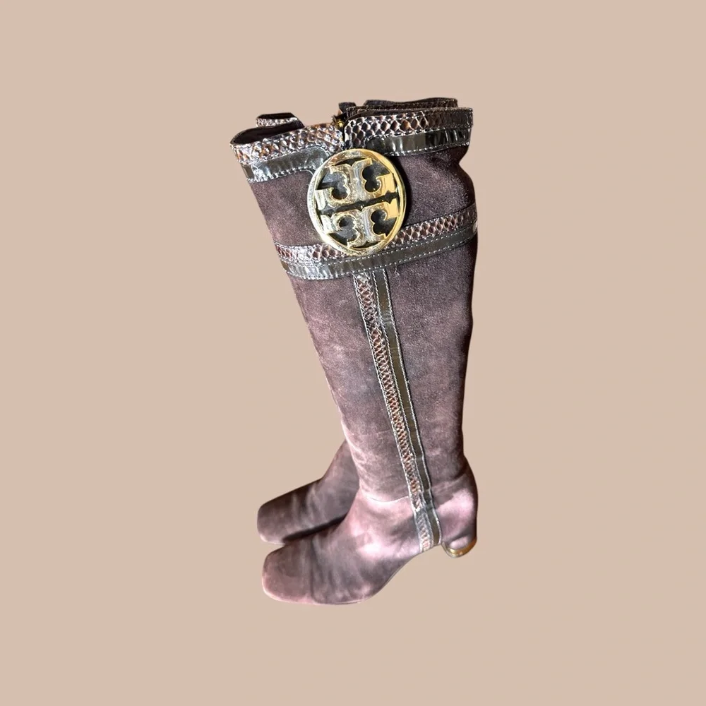 Tori Burch size 7 Brown Gold‎ Sabina suede and snake tall riding heeled boots